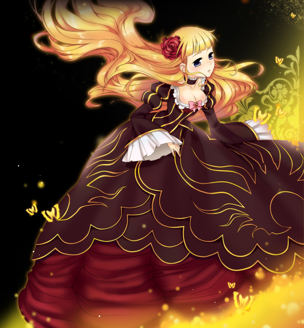 bad_id, beatrice, blonde_hair, breasts, cleavage, dress, flower, fuyu_kitsune