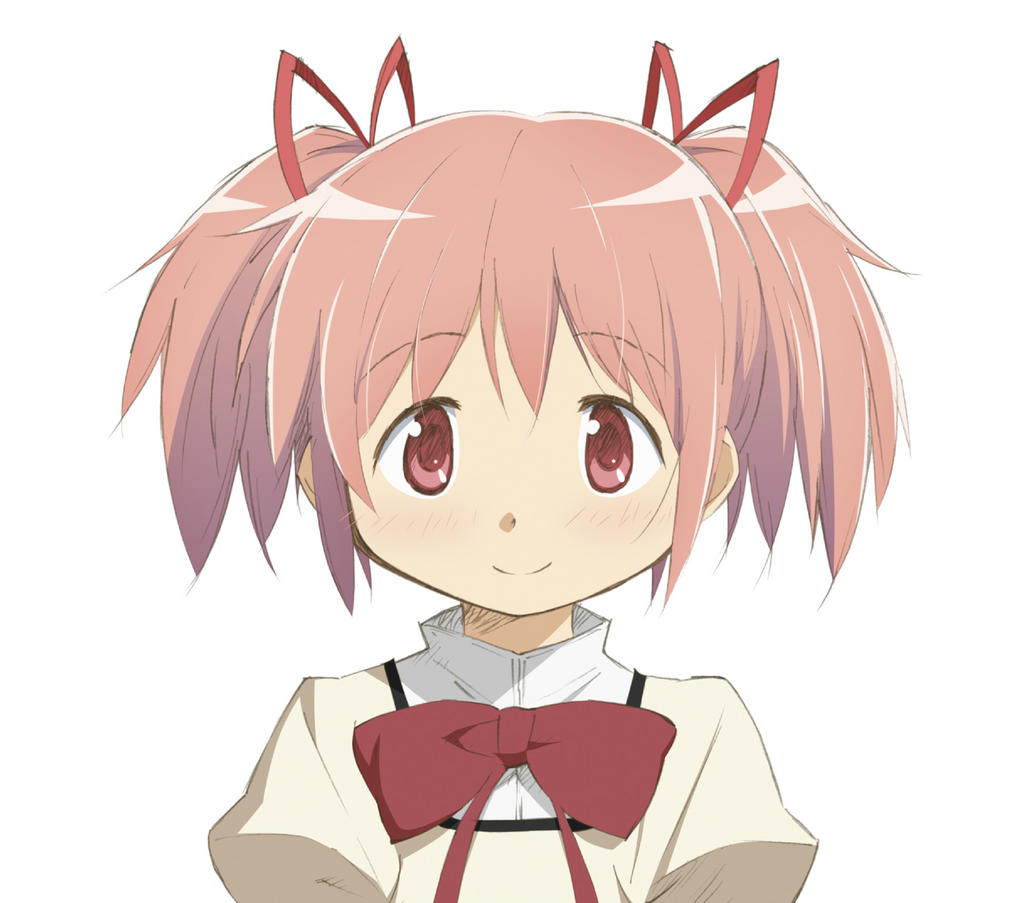 face, hair_ribbon, hairband, headshot, kaname_madoka, mahou_shoujo_madoka_magica, mahou_shoujo_magica_madoka, official_art, pink_eyes, pink_hair, puella_magi_magica_madoka, ribbon, school_uniform, short_hair, smile, solo, twintails