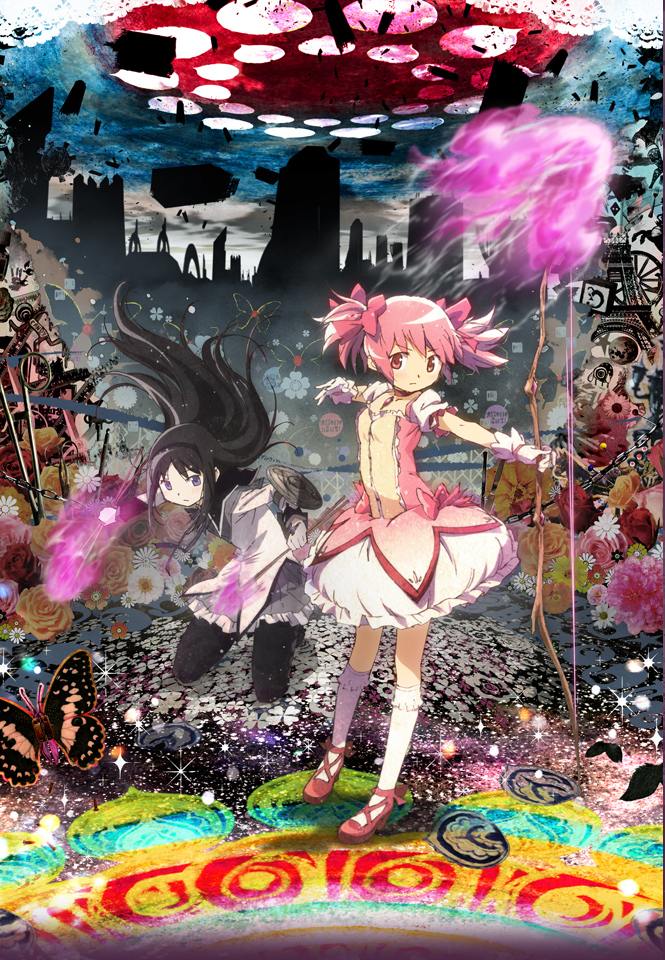 akemi_homura, black_hair, bow, bow(weapon), bow_(weapon), bubble_skirt, butterfly, destruction, kaname_madoka, long_hair, magical_girl, mahou_shoujo_madoka_magica, mahou_shoujo_madoka_magica_movie, mahou_shoujo_magica_madoka, mahou_shoujo_magica_madoka_movie, multiple_girls, official_art, pantyhose, pink_eyes, pink_hair, poster, purple_eyes, translated, violet_eyes, weapon, witch's_labyrinth, witch's_labyrinth