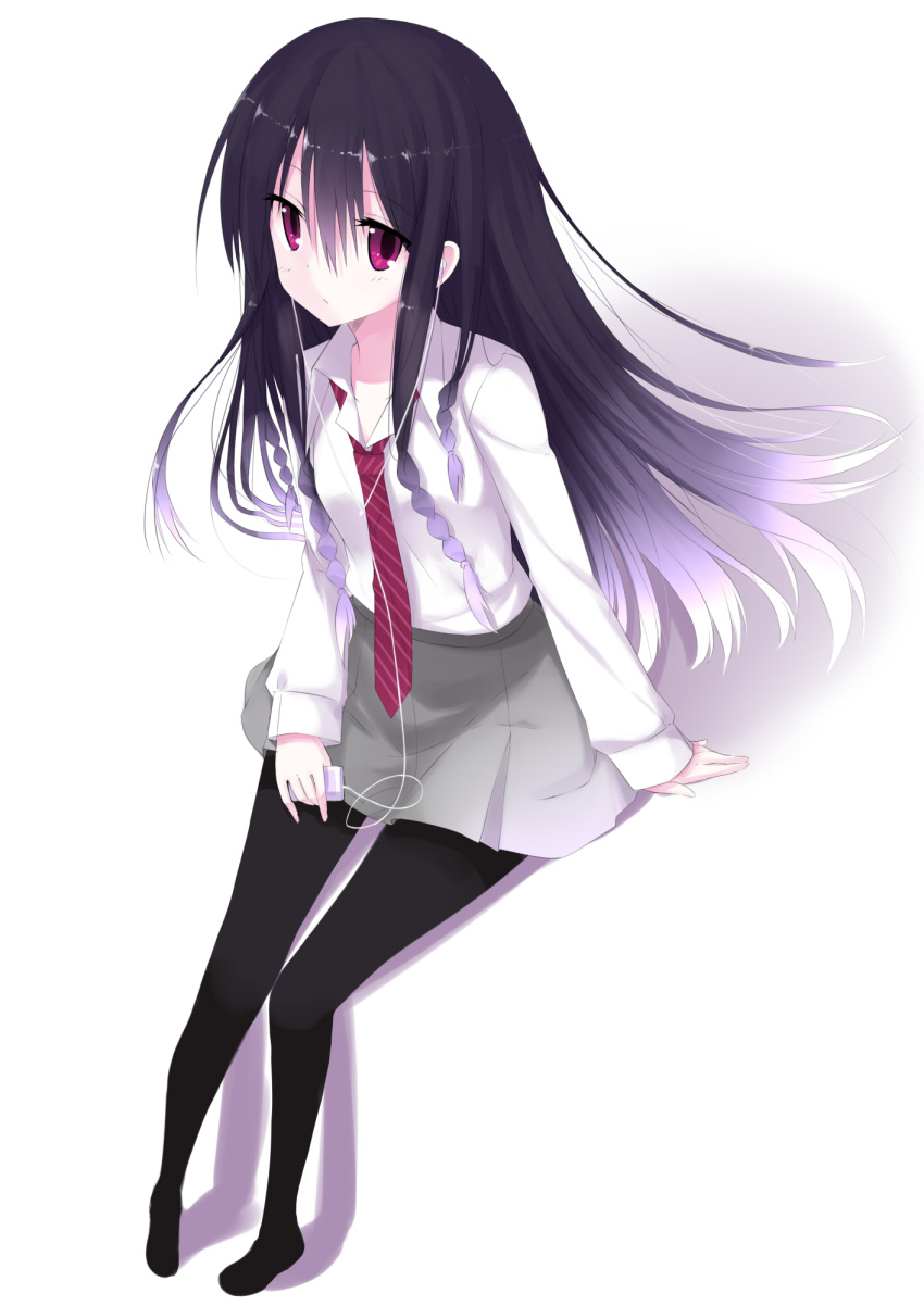 bad_id, black_hair, braid, copyright_request, digital_media_player, earphones, gradient_hair, highres, liong, long_hair, multicolored_hair, pantyhose, red_eyes
