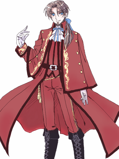 @co, alternate_costume, blue_eyes, boots, brown_hair, capelet, cross-laced_footwear, facial_hair
