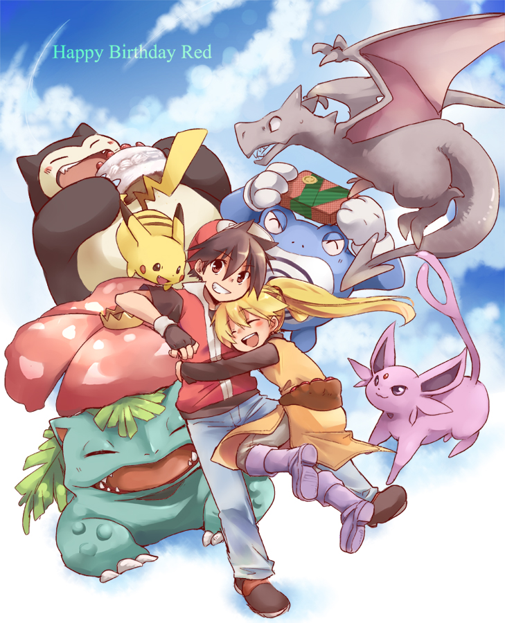 1boy, 1girl, aerodactyl, baseball_cap, birthday, black_hair, blonde_hair, blue_sky