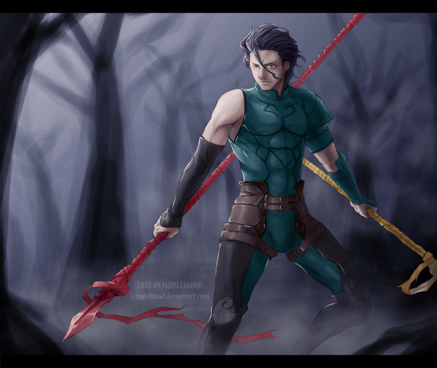 ahoge, bare_tree, bare_trees, black_hair, fate/zero, fate_(series), forest, gae_buidhe, gae_dearg, lancer_(fate/zero), mole, nature, night, paleblood, polearm, solo, spear, tree, weapon, yellow_eyes