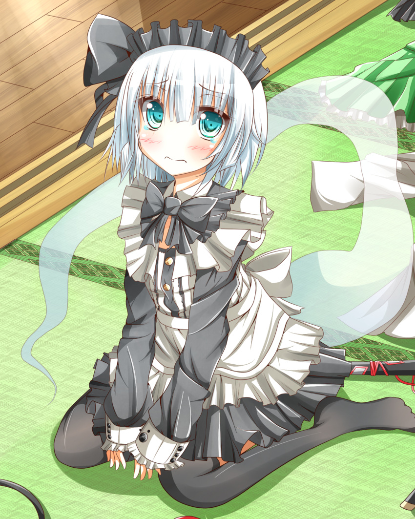 alternate_costume, bad_feet, black_legwear, blue_eyes, blush, bow, cosplay, ehimedaisuki
