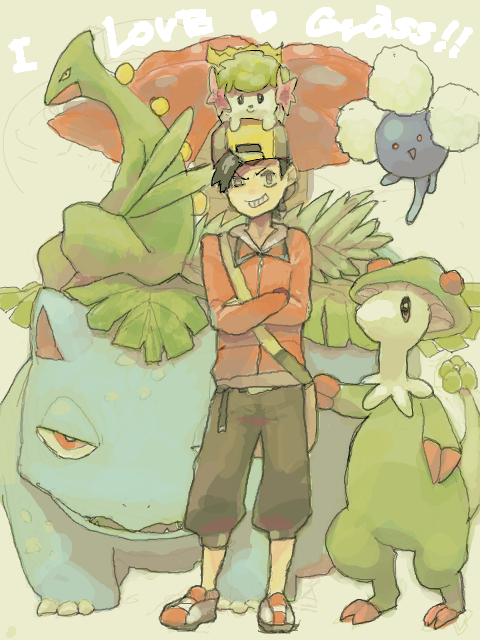 1boy, baseball_cap, breloom, child, english, full_body, gold_(pokemon), hat
