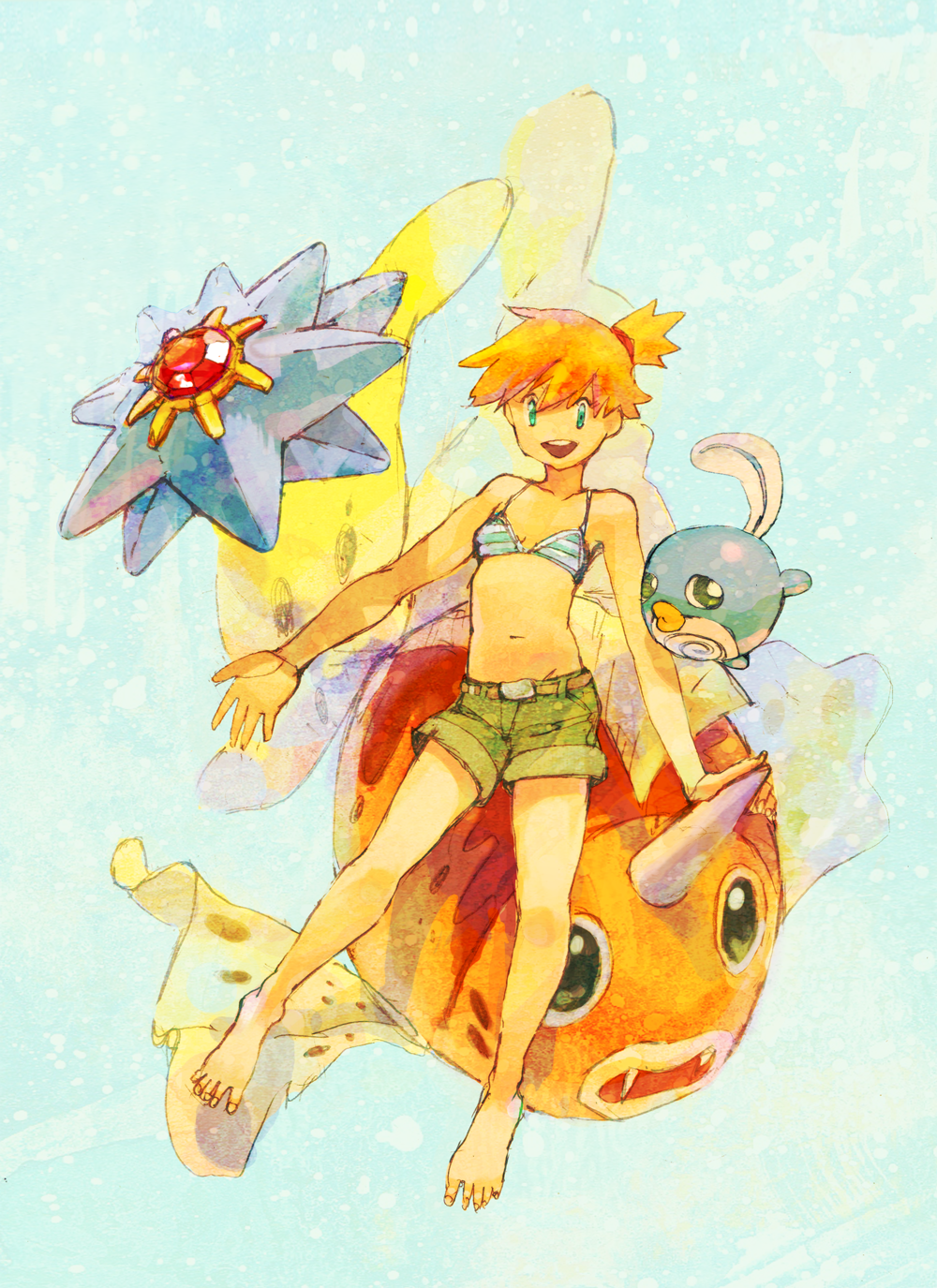 1girl, bare_arms, bare_legs, bare_shoulders, barefoot, belly, bikini, gym_leader