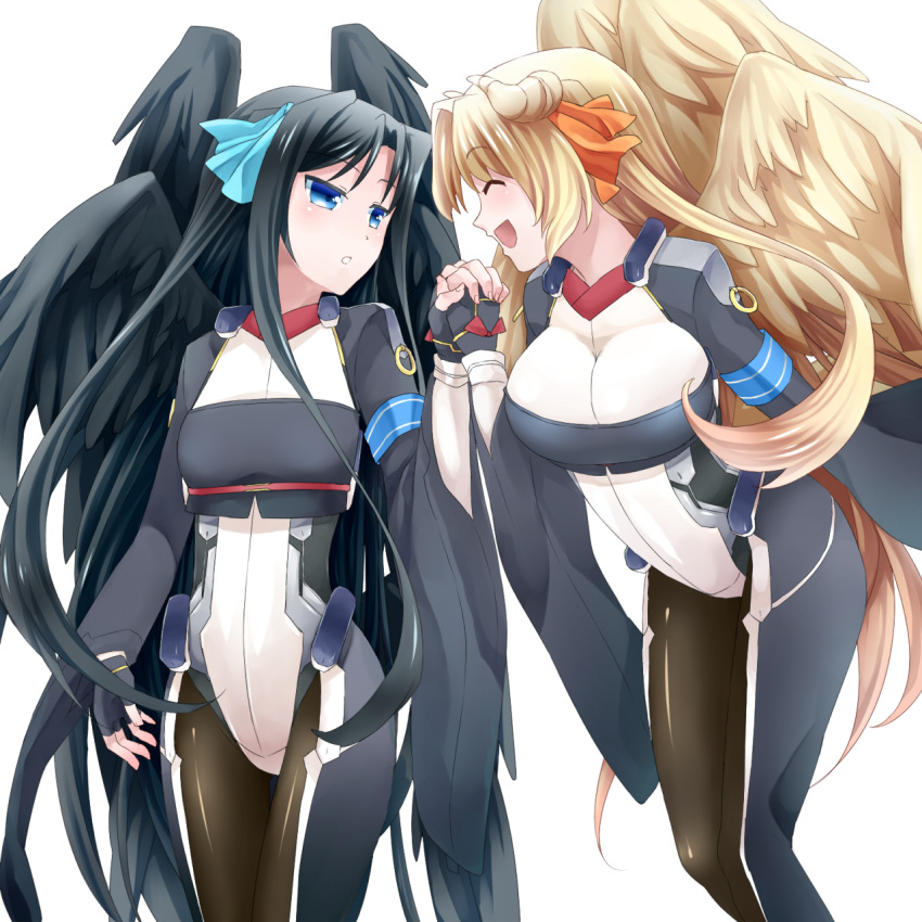 :d, angel_wings, black_hair, black_wings, blonde_hair, blue_eyes, bodysuit, breasts