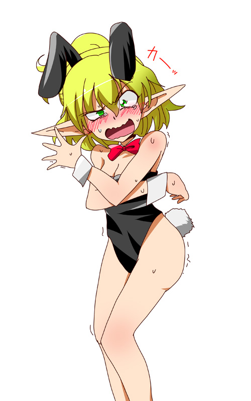 animal_ears, blonde_hair, blush, bowtie, bunny_ears, bunny_tail, bunnysuit, detached_collar