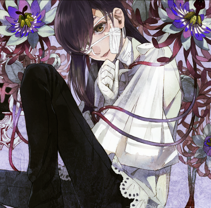 bandage, black_hair, eyepatch, flower, hair_over_one_eye, nishihara_isao, original, teron
