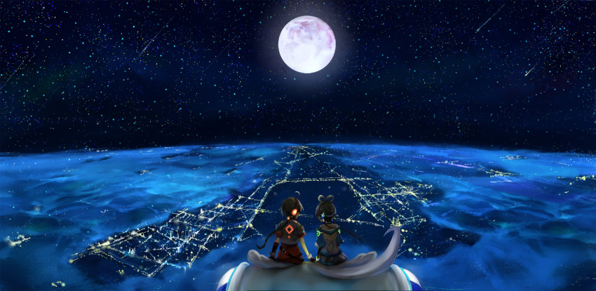 city, highres, jiaoshouwen, luo_tianyi, moon, multiple_girls, night, night_sky