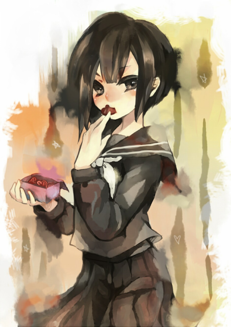 bad_id, black_eyes, black_hair, chocolate, eating, miyabi_hatsuru, original, pleated_skirt