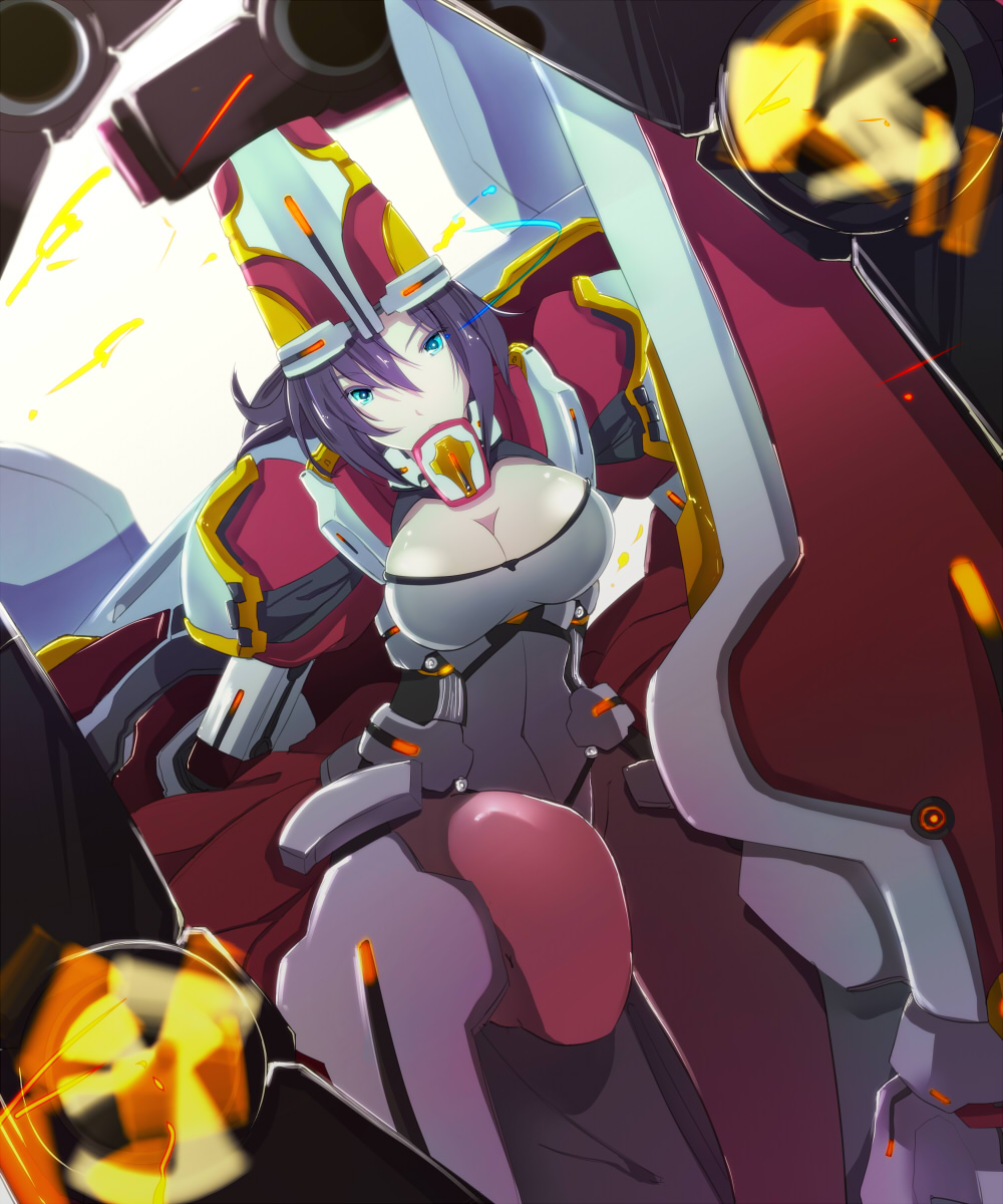 armor, black_hair, blue_eyes, bodysuit, breasts, canon, cleavage, glowing