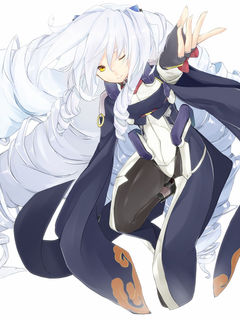 black_legwear, bodysuit, breasts, drill_hair, female, fingerless_gloves, gloves, grey_hair