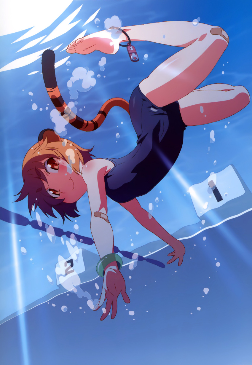 :t, absurdres, animal_ears, anklet, bandaid, bangle, bangs, bare_shoulders, barefoot, bracelet, brown_eyes, brown_hair, bubble, eyebrows, feet, freediving, highres, jewelry, looking_at_viewer, original, pool, scan, school_swimsuit, short_hair, slit_pupils, smile, solo, starting_block, swimming, swimsuit, tail, tiger_ears, tiger_tail, underwater, watanabe_akio, water