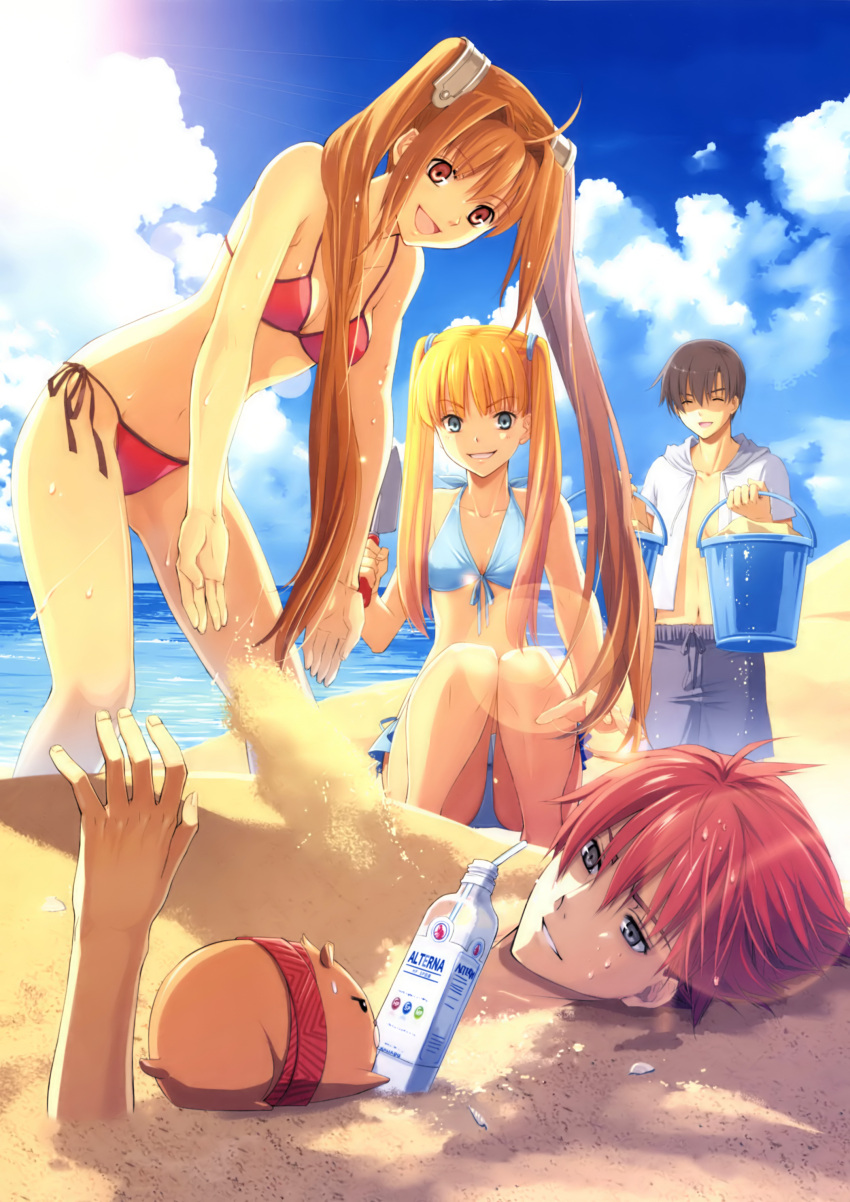 2girls, :d, absurdres, adol_christin, aisha_(ys7), aisha_sari_edonas, bare_shoulders, beach
