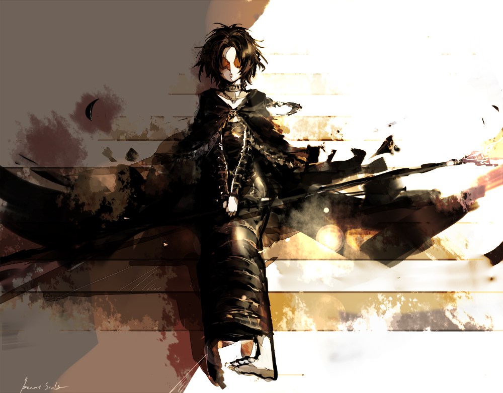 demon's_souls, demon's_souls, maiden_in_black, sitting, solo, staff, stairs, taamo_yu