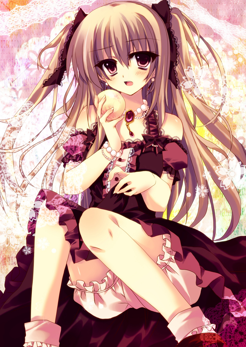 bloomers, bracelet, brown_hair, copyright_request, d:, dress, food, highres