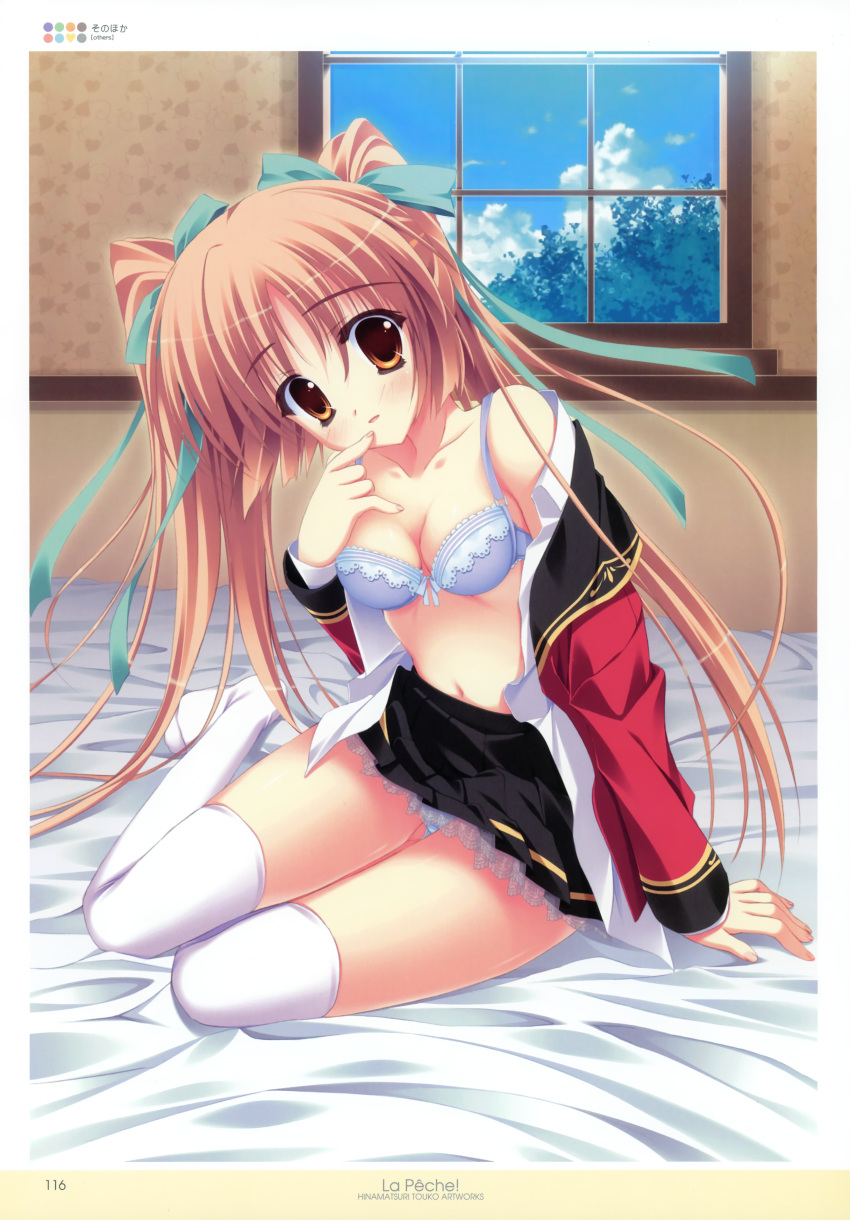 absurdres, amano_satsuki, arianrhod, bed, bra, breasts, brown_hair, cleavage
