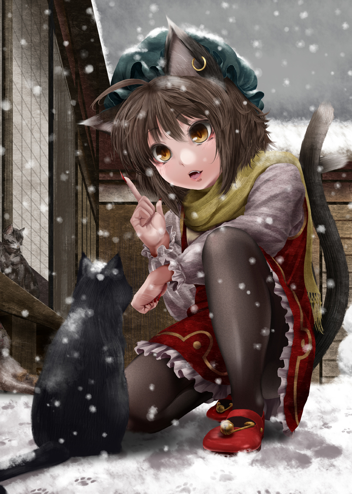 animal_ears, bell, black_legwear, brown_eyes, brown_hair, cat, cat_ears, cat_tail, chen, cold, ear_piercing, earrings, fang, fangs, feline, female, fingernails, hair, hat, index_finger_raised, jewelry, jingle_bell, multiple_tails, nail_polish, pantyhose, paw_print, pawprint, piercing, raised_finger, scarf, sharp_fingernails, sharp_nails, short_hair, single_earring, sitting, snow, snowing, solo, tail, touhou, yana_(nekoarashi)