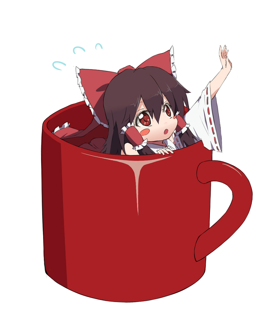 :o, black_hair, blush_stickers, bow, cup, girl_in_a_cup, girl_in_a_mug, hair_bow