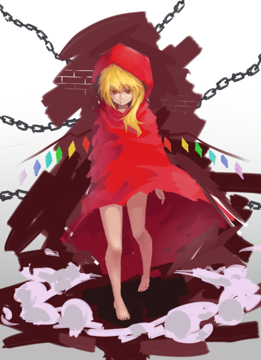 barefoot, blonde_hair, brick_wall, chain, chains, cloak, dust, flandre_scarlet, fog, highres, legs, lunaticprince, red_eyes, short_hair, side_ponytail, solo, star, thighs, touhou, wings