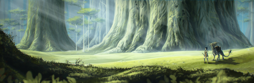 black_hair, blurry, depth_of_field, dragon, forest, grass, highres, justinas_vitkus
