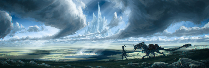 black_hair, cloud, clouds, dragon, grass, justinas_vitkus, monster, mountain, original, ponytail, river, saddle, scenery, sky, sunbeam, sunlight, vitkusan, walking, weapon