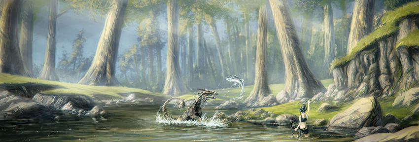black_hair, dragon, fish, fishing, forest, highres, justinas_vitkus, nature