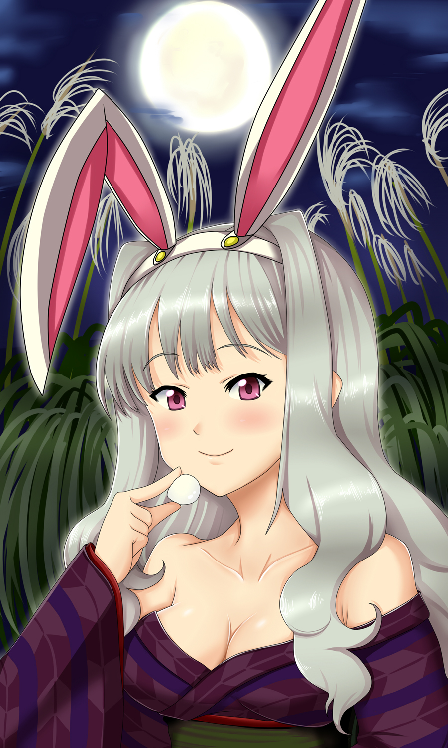 animal_ears, bare_shoulders, breasts, bunny_ears, cleavage, fake_animal_ears, full_moon, highres, idolmaster, japanese_clothes, kimono, long_hair, moon, nitoro-star, off_shoulder, purple_eyes, rabbit_ears, shijou_takane, silver_hair, smile, solo, violet_eyes