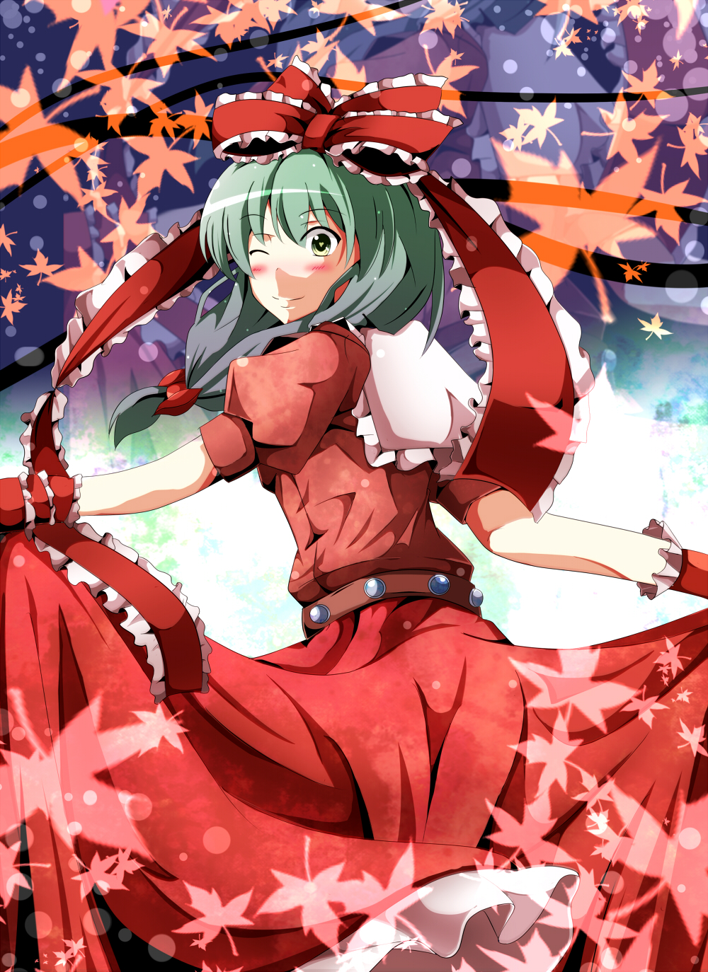blush, bow, curtsey, front_ponytail, green_eyes, green_hair, hair_bow, hair_ornament
