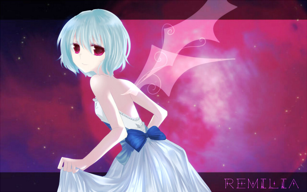 alternate_costume, bare_back, bare_shoulders, blue_hair, character_name, dress, kanasaki, red_eyes