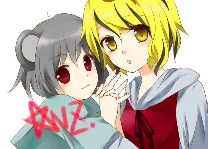 animal_ears, black_hair, blonde_hair, capelet, grey_hair, hair_ornament, hand_holding, holding_hands
