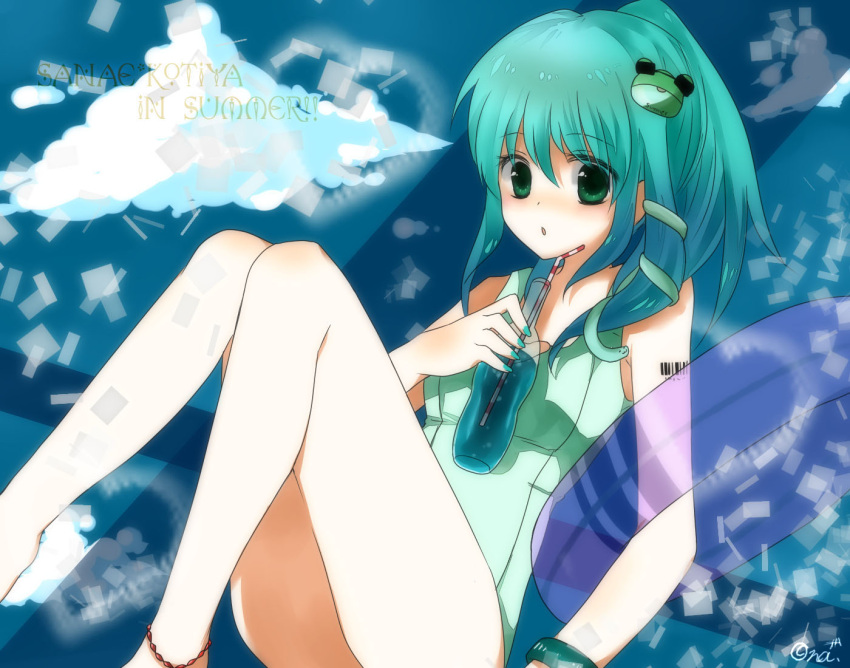 alternate_costume, alternate_hairstyle, anklet, bracelet, character_name, cloud, clouds, frog_hair_ornament