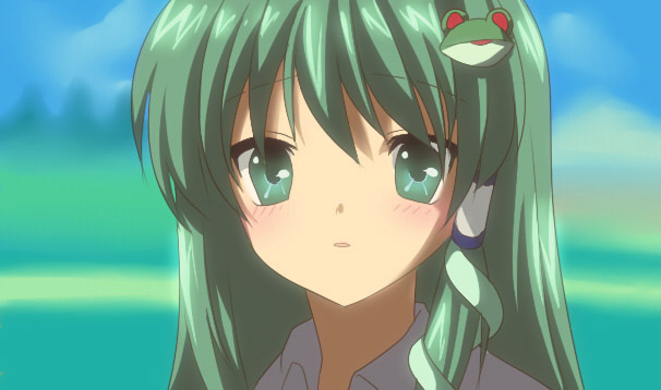 blush, clannad, frog_hair_ornament, green_eyes, green_hair, hair_ornament, hair_tubes, kanasaki, kochiya_sanae, open_mouth, parody, solo, style_parody, touhou