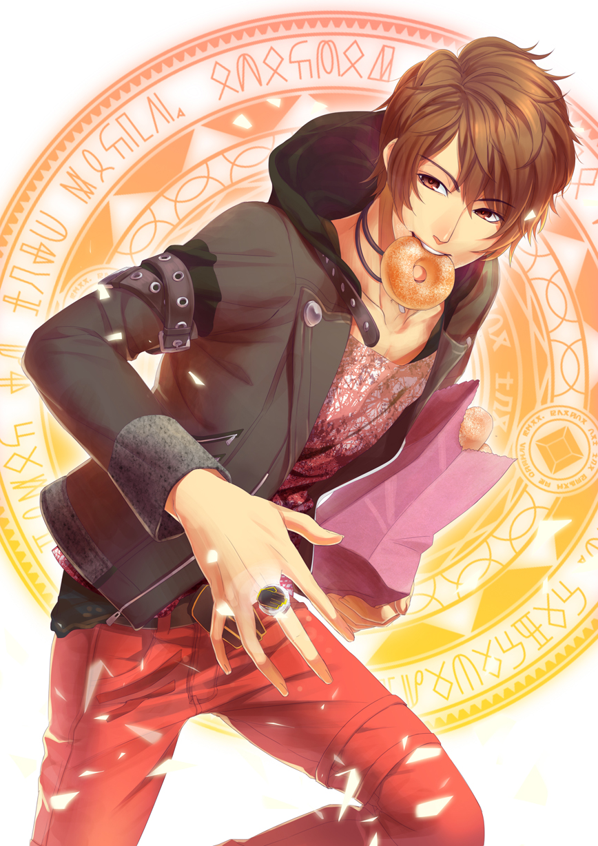 bag, belt, brown_hair, doughnut, food_in_mouth, highres, jacket, jewelry, kamen_rider, kamen_rider_wizard_(series), magic_circle, male, mouth_hold, red_eyes, ring, sabu_(sa-bu), solo, souma_haruto
