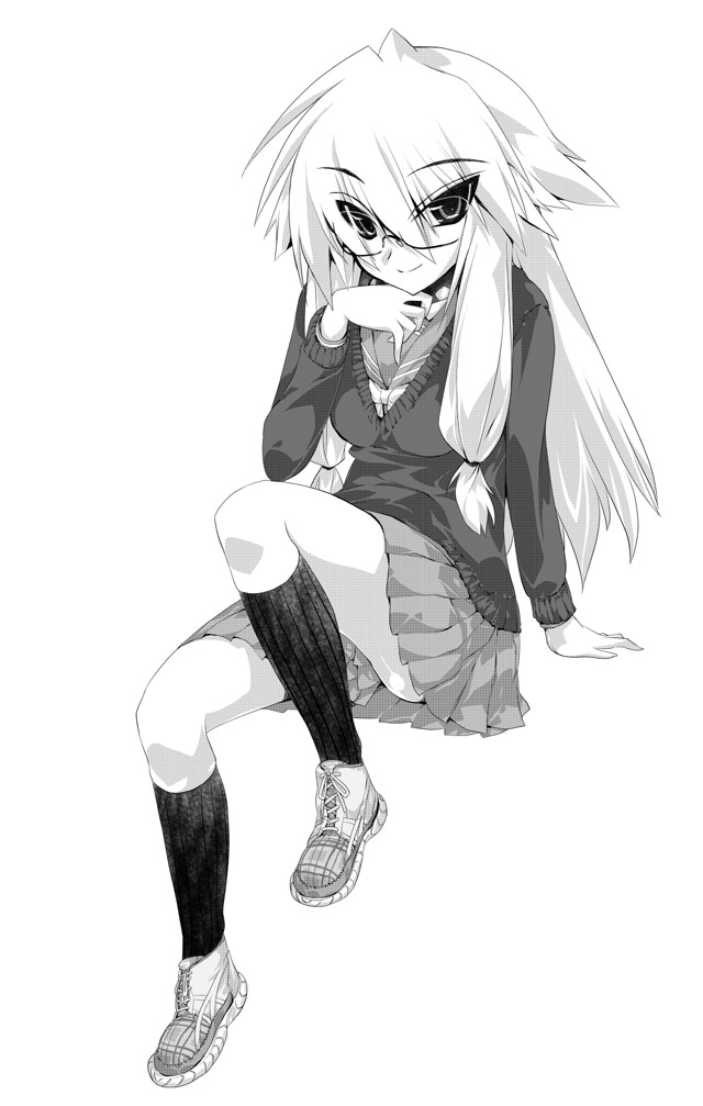 glasses, hairan, monochrome, school_uniform, sweater, tagme