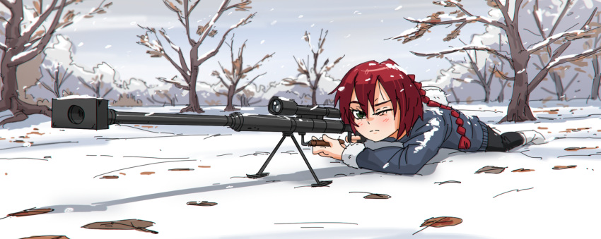 aiming, black_legwear, braid, darker_than_black, green_eyes, gun, highres, kiriririn, on_stomach, pantyhose, red_hair, redhead, rifle, scope, short_hair, single_braid, sniper_rifle, snow, solo, suou_pavlichenko, weapon