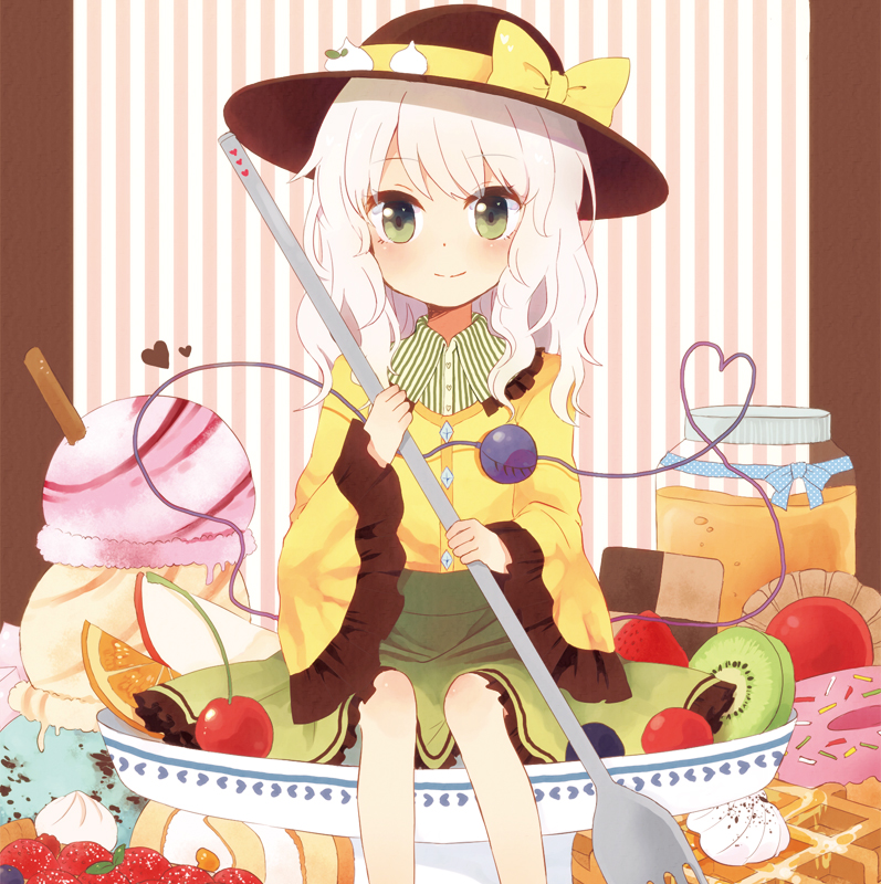 blush, checkerboard_cookie, cherry, cookie, doughnut, food, fruit, green_eyes