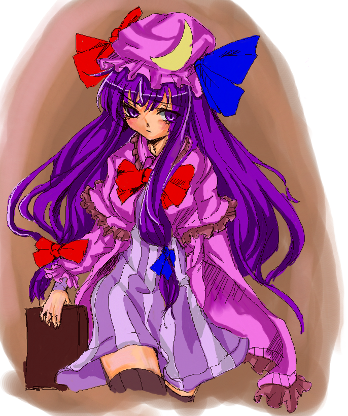 book, bow, crescent, dress, hair_bow, hat, kionaisiteru, long_hair
