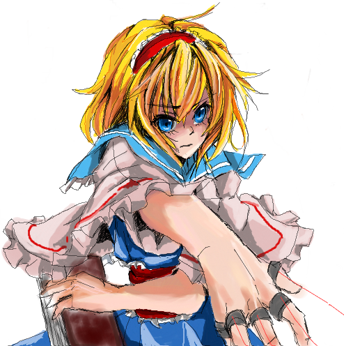 alice_margatroid, blonde_hair, blue_eyes, book, capelet, foreshortening, frills, hairband