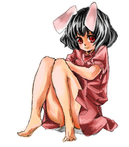 animal_ears, bare_legs, barefoot, black_hair, bunny_ears, inaba_tewi, kionaisiteru, knees_together_feet_apart