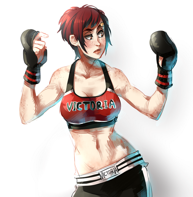 ayane_ninja, bandaid, boxing_gloves, breasts, cleavage, clothes_writing, contrapposto, dead_or_alive