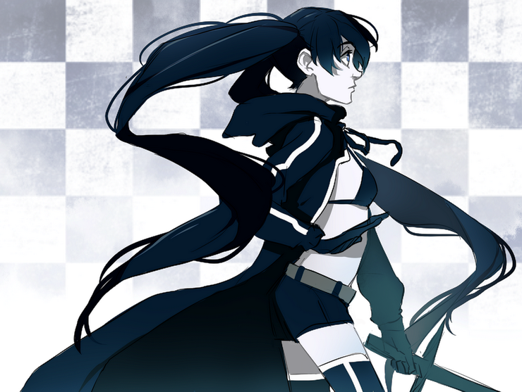 1girl, ayane_ninja, bikini_top, black_rock_shooter, black_rock_shooter_(character), checkered, checkered_background, coat, long_hair, pale_skin, short_shorts, shorts, side, solo, sword, thigh-highs, thighhighs, twintails, very_long_hair, weapon