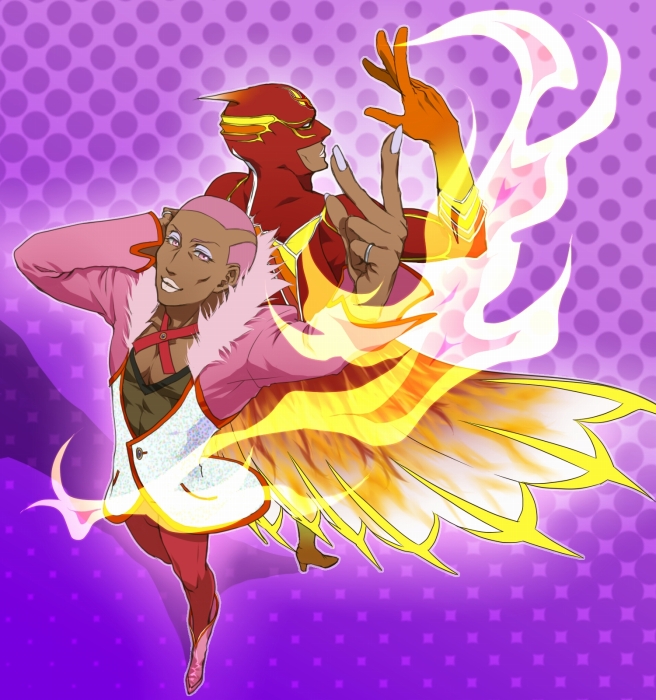 cape, dark_skin, dual_persona, fingernails, fire, fire_emblem_(tiger_&amp;_bunny), from_above, lipstick