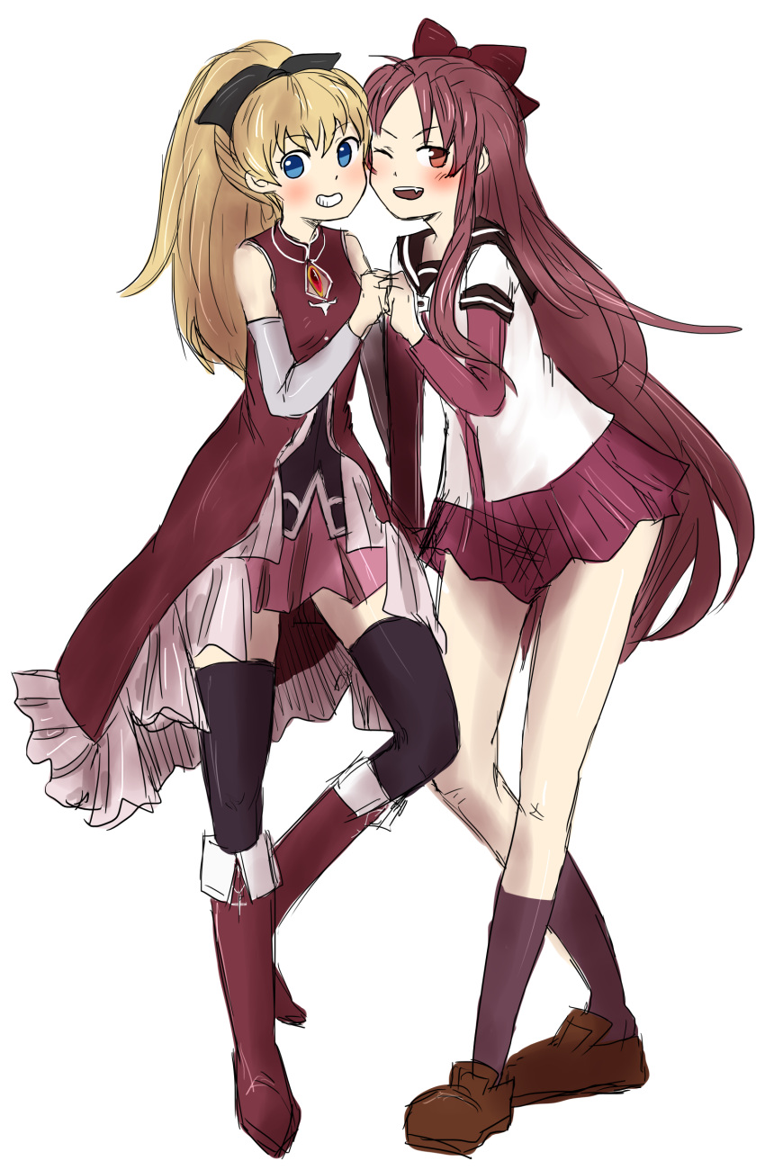 2girls, black_legwear, blonde_hair, blue_eyes, blush, boots, cosplay, costume_switch