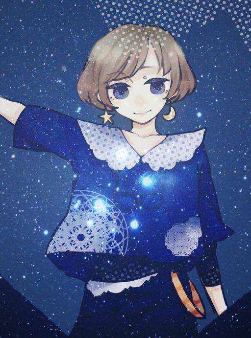 bad_id, blue_eyes, brown_hair, earrings, jewelry, miyabi_hatsuru, moon, no_nose