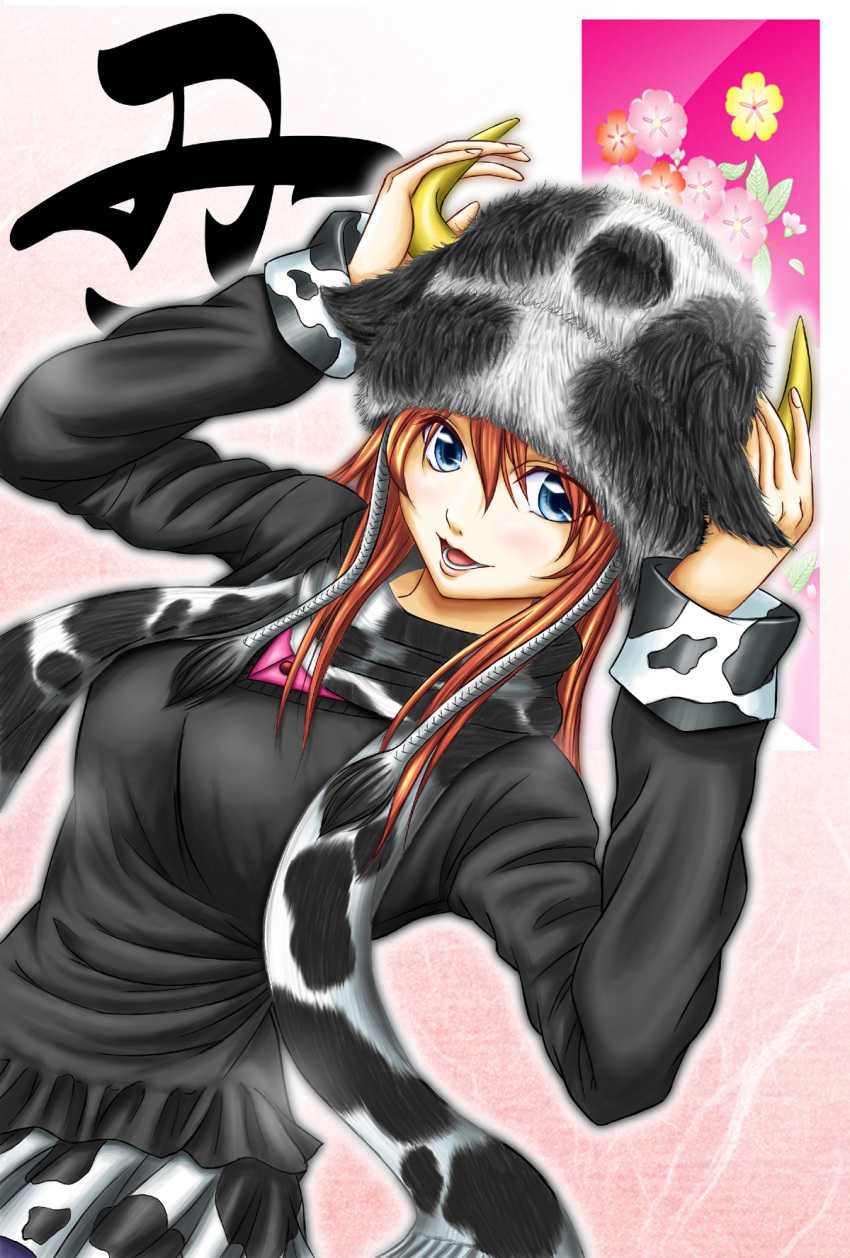 blue_eyes, breasts, cow_print, fur_hat, hat, highres, horns, long_hair