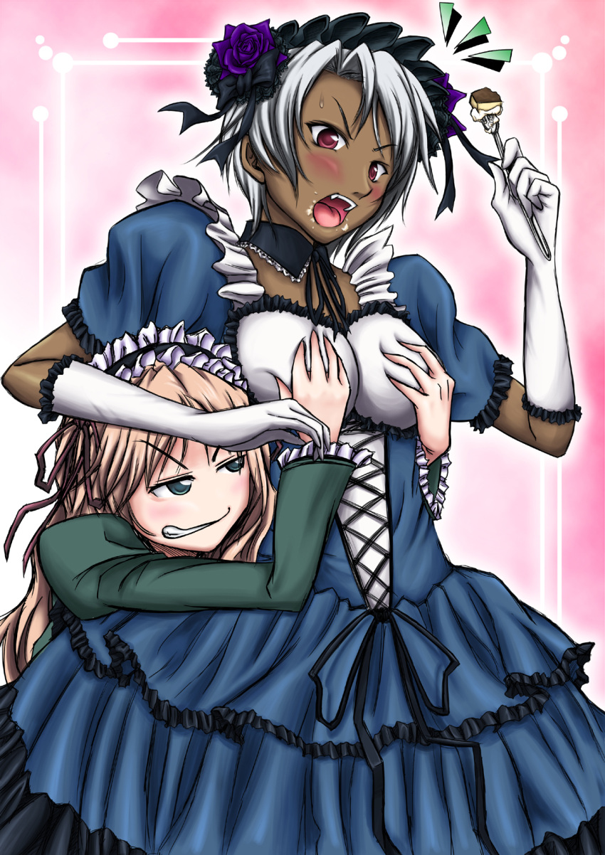 baldr_sky, blonde_hair, breast_grab, breasts, cake, character_request, cream_on_face, dark_skin, detached_collar, eating, elbow_gloves, food, fork, gloves, gown, grabbing_from_behind, green_eyes, highres, large_breasts, maid_headdress, multiple_girls, noi(baldr_sky), red_eyes, shizel(baldr_sky), short_hair, silver_hair, tal_yuji, white_gloves