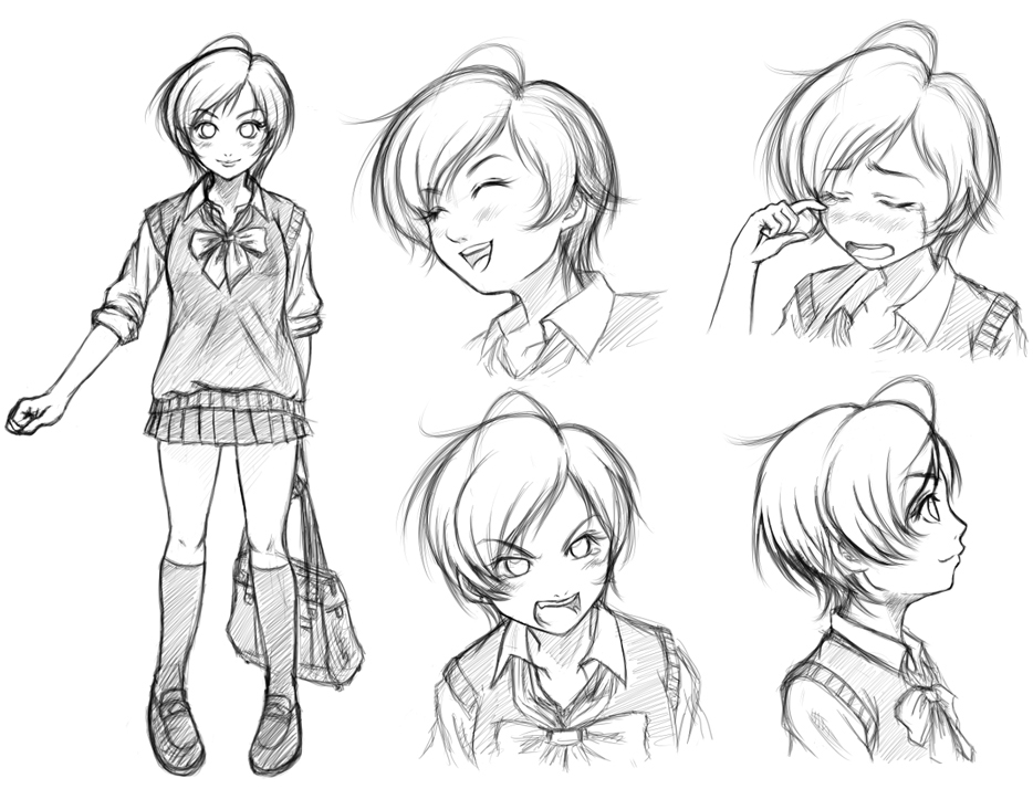 bag, bangs, character_sheet, eileen, expressions, kneehighs, miniskirt, monochrome