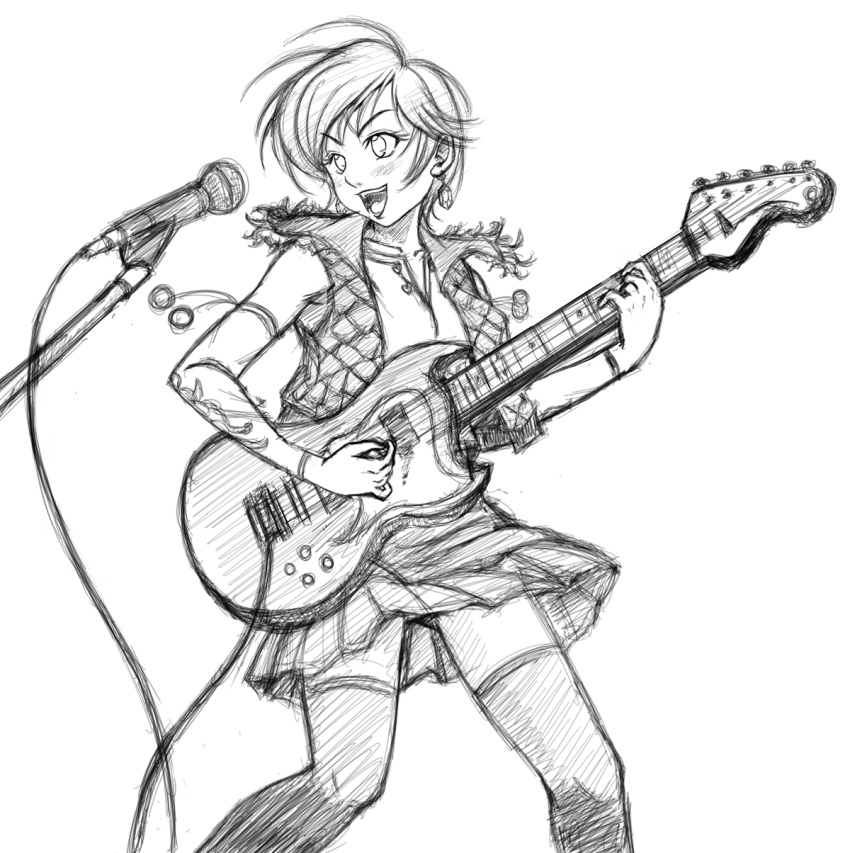 alternate_costume, detached_sleeves, earrings, eileen, electric_guitar, guitar, highres, instrument